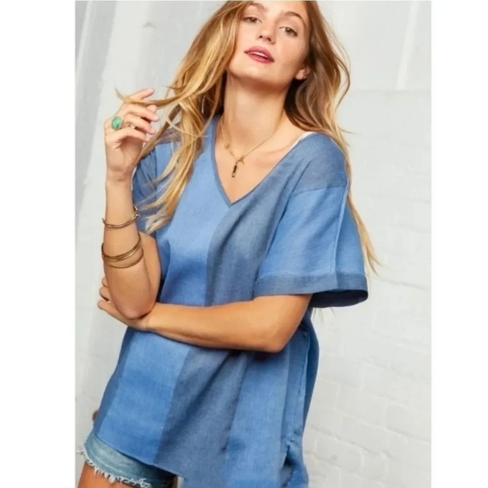 Blue Denim Look Color Block Top - Picture 4 of 4